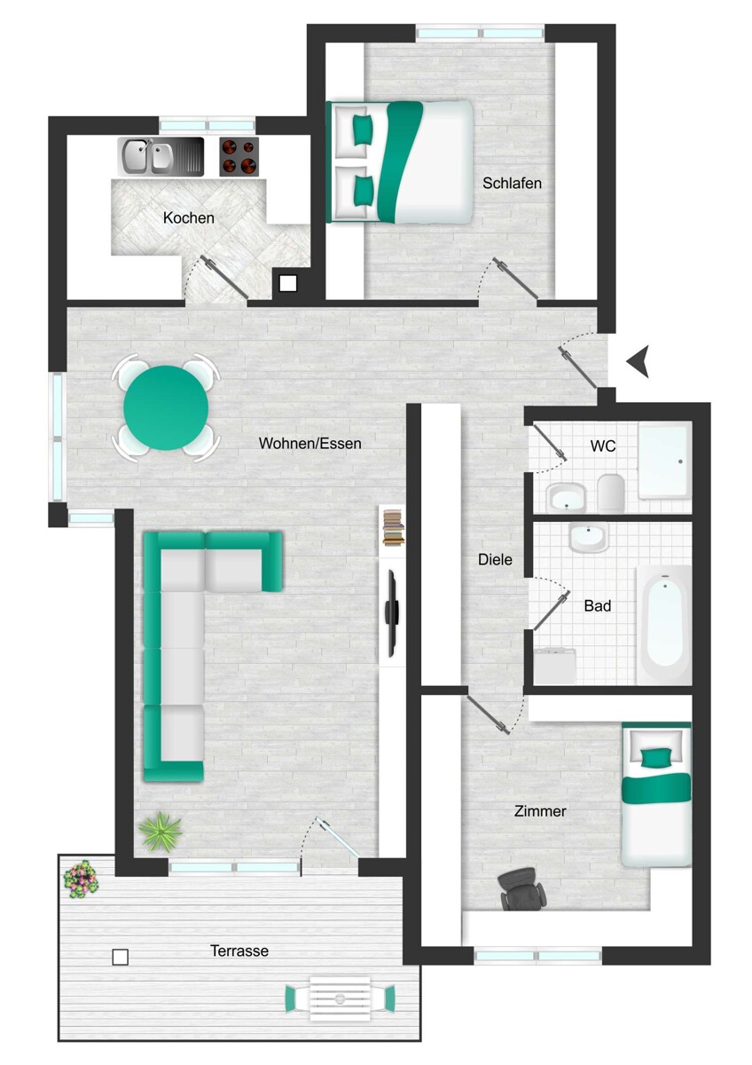 Grundriss_visualisiert Erdgeschosswohnung Nordheim